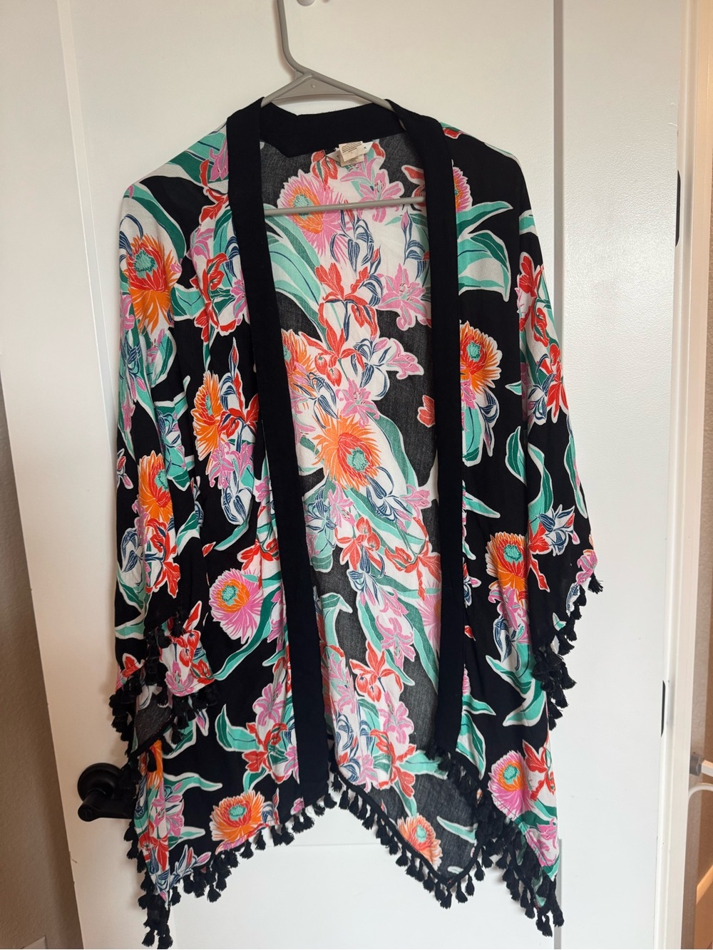 Trina Turk Black Floral Tassel Swim Coverup with Pink, Orange and Green